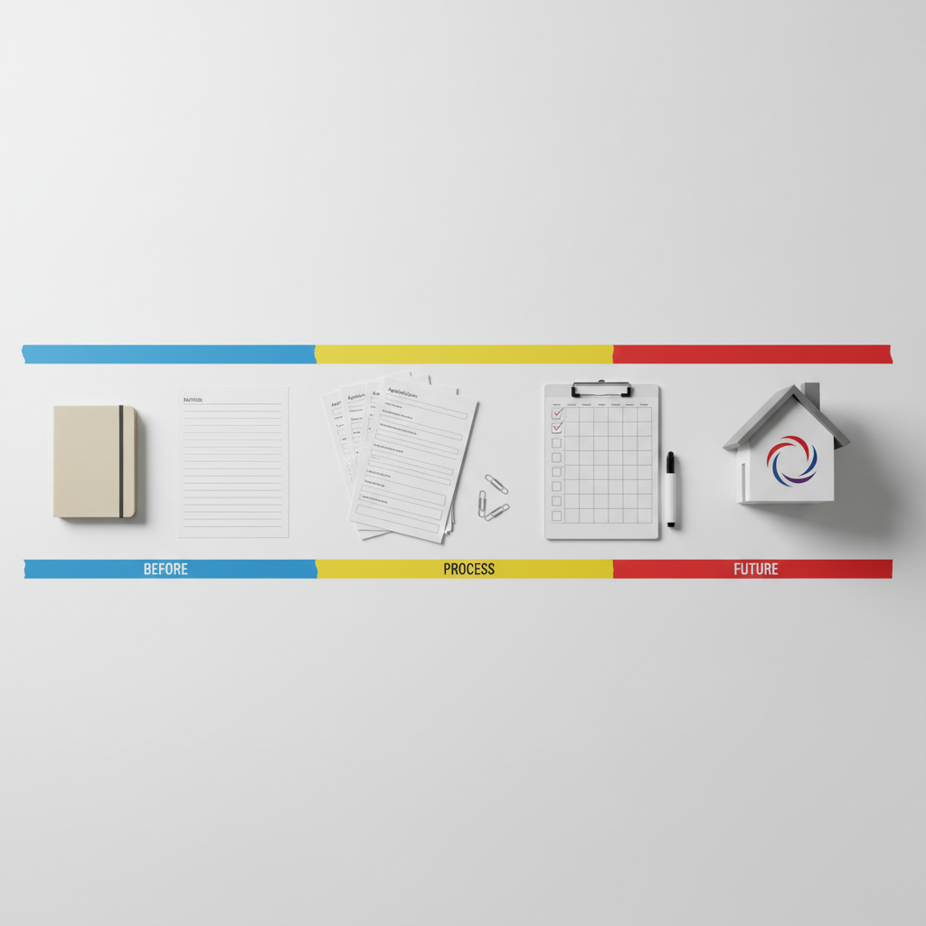A photographic overhead view of a large, clean white table divided into three visually distinct sections using colored tape: one labeled conceptually as “before,” one “process,” and one “future,” represented only by symbolic objects without text. In the first section sits a small closed notebook and a blank form, in the middle section a stack of generic application forms, paperclips, and a checklist board with empty boxes, and in the last section a miniature model house and a simple red, white, and blue abstract emblem. Soft studio lighting evenly illuminates the scene, minimizing harsh shadows and emphasizing order. The mood is structured and reassuring, capturing the idea of walking through immigration steps in a clear, visual way, presented in crisp photographic realism with a top-down composition.