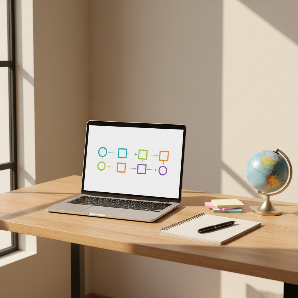A wide, photographic shot of a modern home office desk set against a pale neutral wall, featuring an open laptop displaying a colorful, text-free infographic with simple shapes representing a step-by-step U.S. immigration journey. Around the laptop sit a blank notepad with a pen, sticky notes in soft pastel colors, and a small globe tilted toward North America. Natural afternoon light streams in from the left, creating a bright, inviting atmosphere with soft shadows. The composition follows the rule of thirds, with the laptop slightly off-center and the depth of field moderately sharp throughout, emphasizing clarity and learning. The mood is approachable and organized, with a clean, professional aesthetic that supports beginner-friendly explanations of a complex system.
