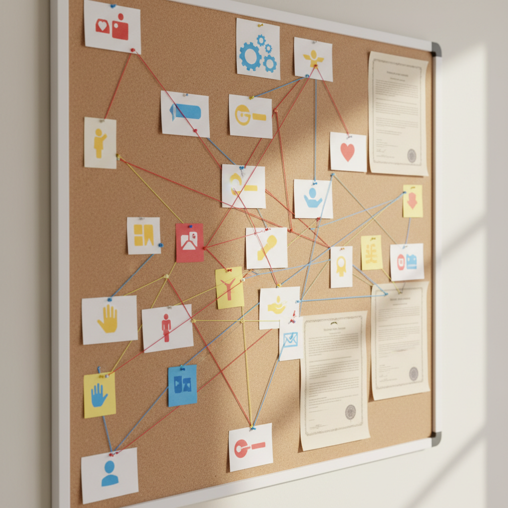 A detailed photographic image of a corkboard mounted on a light-colored wall, filled with pinned index cards, color-coded sticky notes, and neutral-toned documents representing different U.S. immigration paths. Each card has simple colored shapes and icons instead of readable text, symbolizing family, work, and humanitarian routes. Red, blue, and yellow threads connect the cards in branching lines, illustrating how choices lead to different outcomes. Soft, diffused daylight from an unseen window to the right casts gentle, directional shadows, adding depth. Shot at a slight angle to give a sense of three-dimensionality, the focus is sharp across the board. The mood is analytical but optimistic, portraying the immigration system as complex yet understandable when visually mapped, in a professional, realistic photographic style.