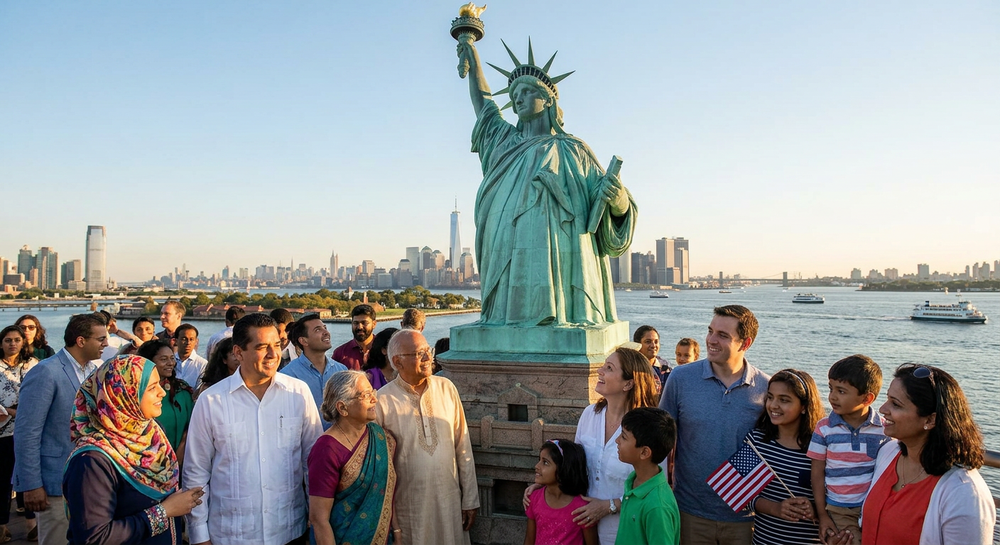 Diverse group at Statue of Liberty Group of people around Statue of Liberty with NYC skyline and river in background